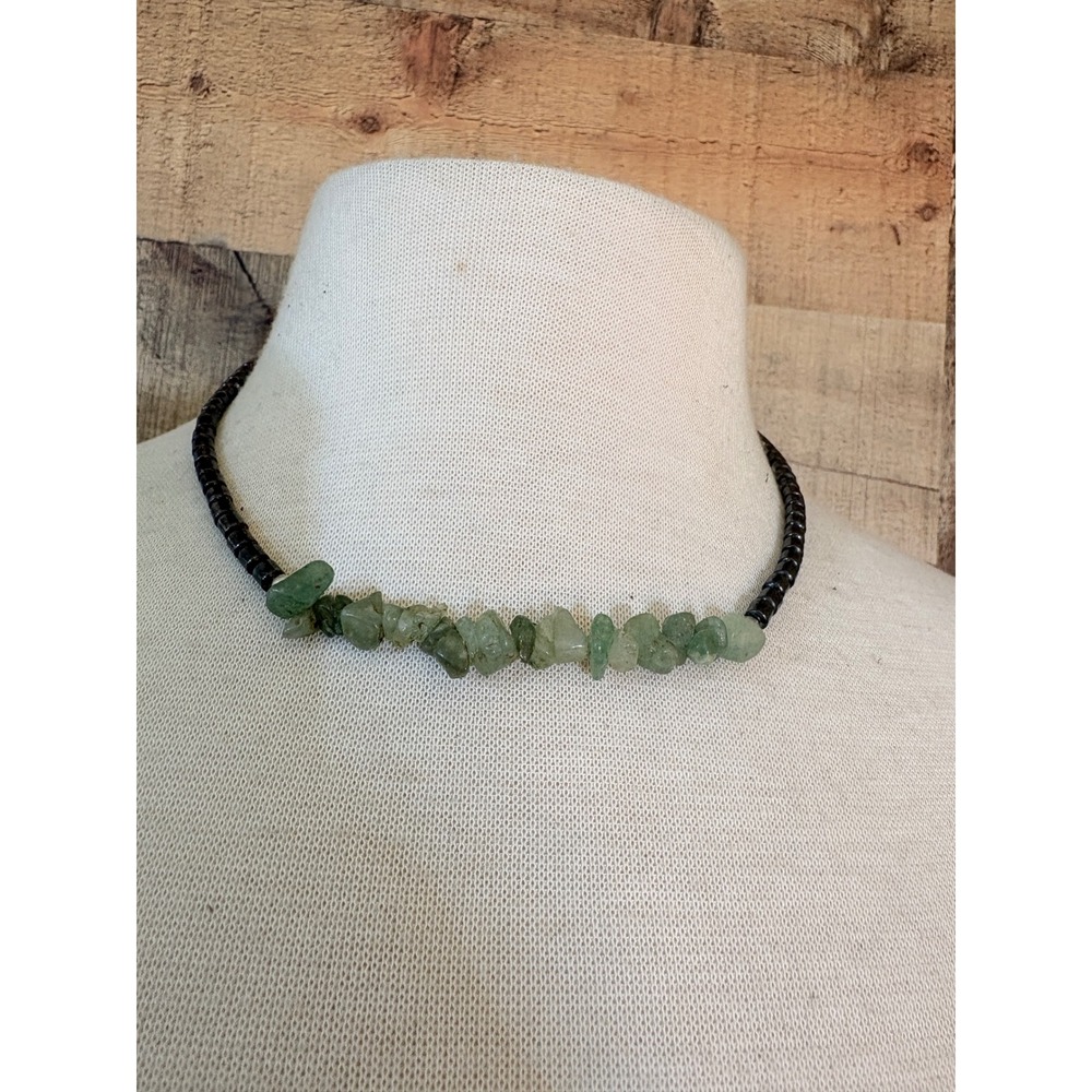 Handmade Hematite Cylinder and Green Aventurine Chip Beaded Necklace 17 Inch